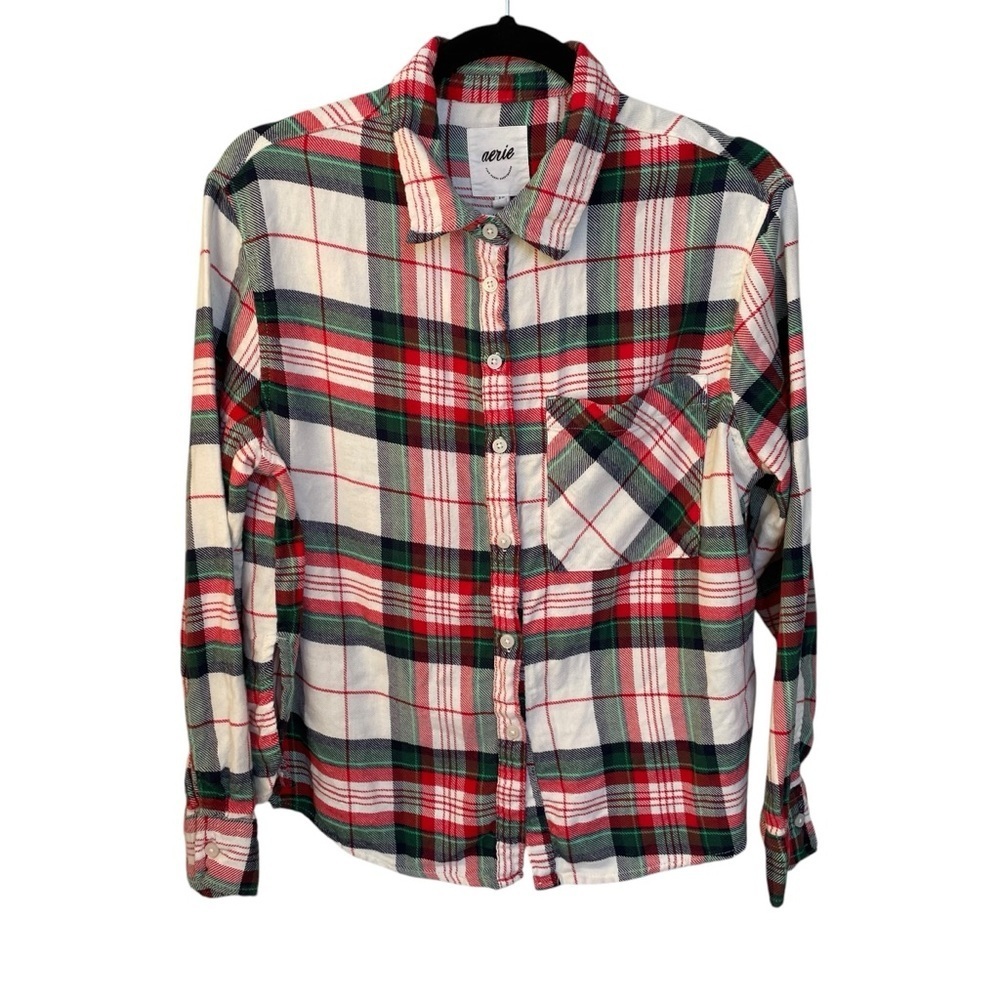 AERIE Cotton Flannel Plaid Button Up Shirt White Blue Red Green XS